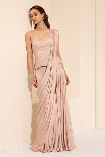 K&A By Karishma and Ashita Silken Blush Corset & Pre-Draped Saree Set 