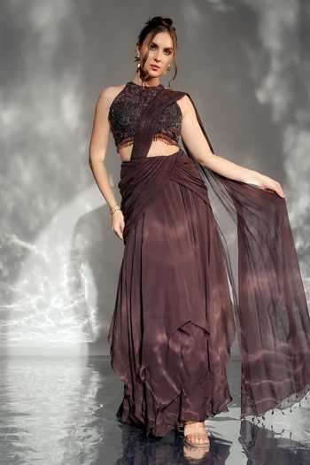 Jade By Ashima Sarah Pre-Draped Saree With Embroidered Blouse 