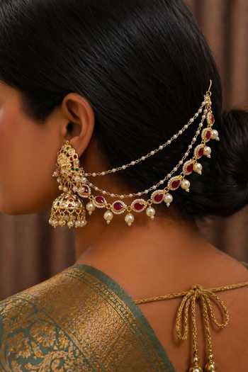 Queens Jewels Red Kundan Bead Drop Pair Of Ear Chains 