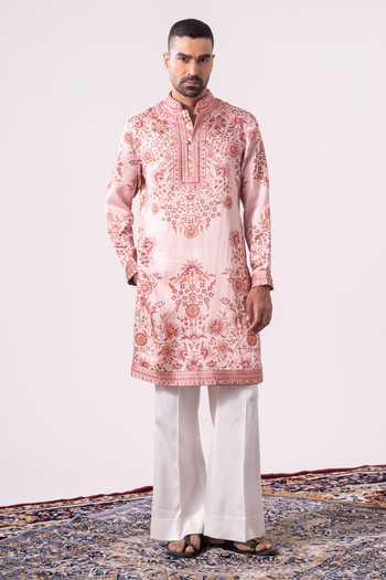 Char Chaand Embroidered Floral Print Linen Silk Kurta