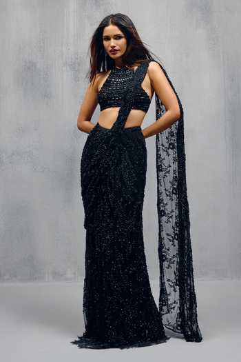 House of Arshiyaa Hand Embellished Chantilly Lace Pre-Draped Saree Set 