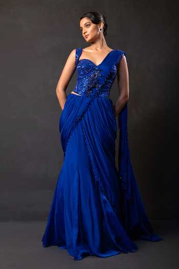 Smriti By Anju Agarwal Royal Pre-Draped Saree With Tonal Embroidered Corset 