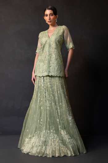 Smriti By Anju Agarwal Green Haze Embroidered Top & Skirt Set