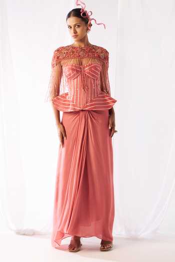 Rimple Agrawal Striped Peplum Corset Draped Skirt Set 