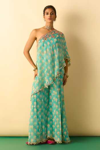 Gopi Vaid Chhavi Print One Shoulder Tunic & Sharara Set 