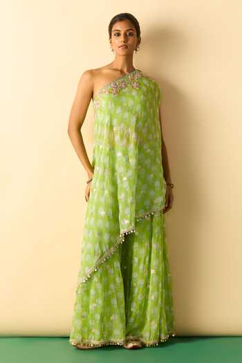Gopi Vaid Dia One Shoulder Print Tunic & Sharara Set 