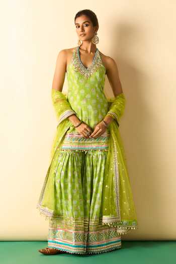 Gopi Vaid Dwisha Print Halter Short Kurta Sharara Set 