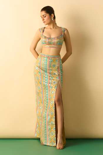Gopi Vaid Kashvi Embroidered Blouse & Slit Skirt Set 