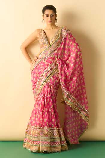 Gopi Vaid Jasleen Print Saree With Embroidered Blouse 