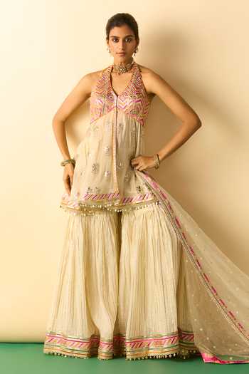 Gopi Vaid Myza Halter Neck Peplum Tunic Sharara Set 