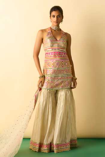 Gopi Vaid Kriva Embroidered Halter Tunic Sharara Set 