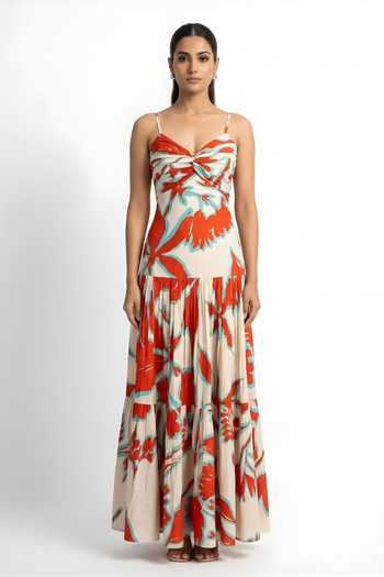 Poppi Floral Print Twisted Bodice Dress 