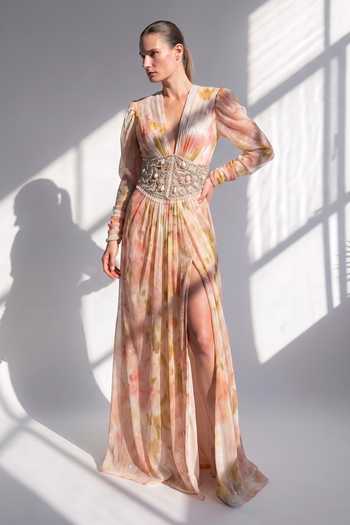 Nikita Mhaisalkar Blush Bloom Dress & Beaded Corset Set 