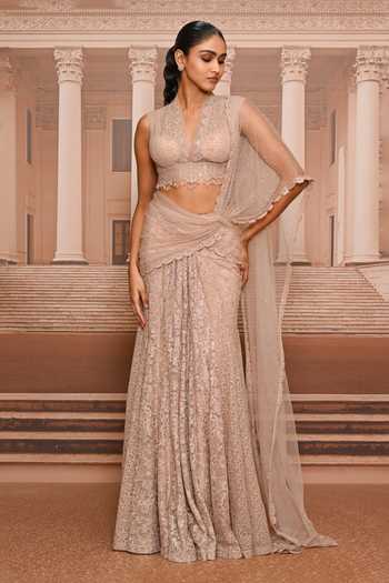Tarun Tahiliani Crystal Lace Concept Pre-Draped Saree With Blouse 