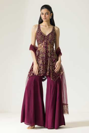 DAREISS Wine Embroidered Kurta Sharara Set 