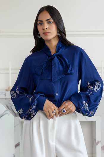 DAREISS Amariel Hand Embroidered French Lace Bow Habotai Silk Shirt 