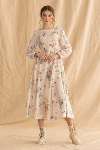 Dried Flowers Ditsy Print Silk Chanderi Dress 