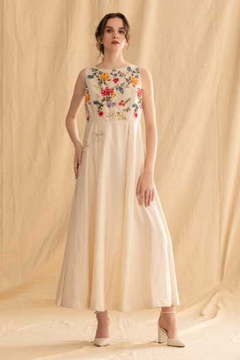 Dried Flowers Embroidered Silk Chanderi Midi Dress  