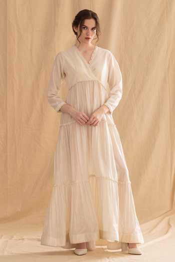 Dried Flowers Silk Chanderi Tiered Maxi Dress  