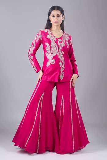 Charu And Vasundhara Paisley Embroidered Jacket & Sharara Set