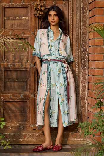 Needleten Floral Organza Linen Midi Dress 