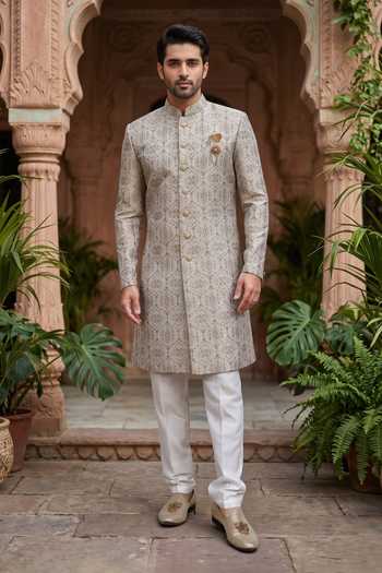 Jhambthreads Woven Jacquard Sherwani & Pant Set 