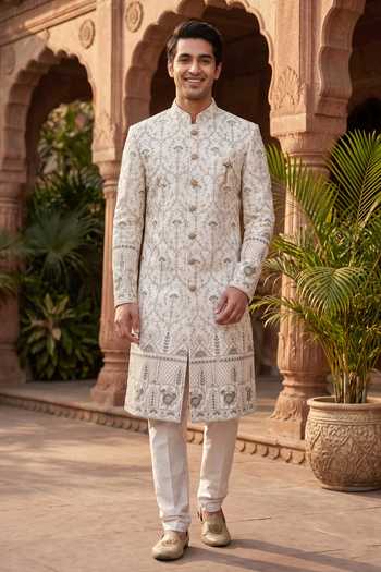 Jhambthreads Silk Sherwani Jacket & Poly Pant Set 