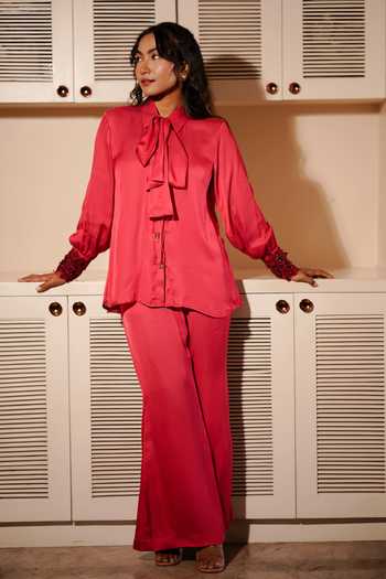 Midushi Bajoria Satin Bow Neck Shirt & Pant Set 