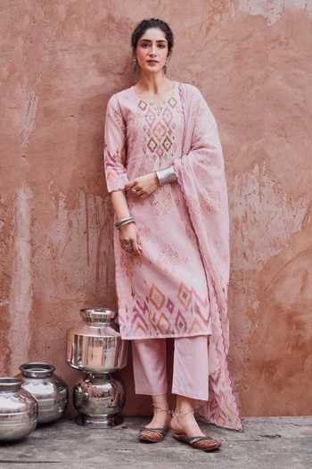 Karaj Jaipur Pink Embroidered Kurta Set