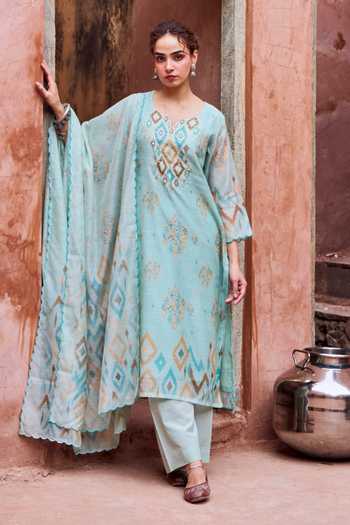 Karaj Jaipur Aqua Blue Embroidered Kurta Set 
