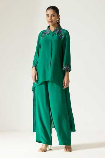 DAREISS Hydrangea Hand Embroidered Shirt & Pant Set 