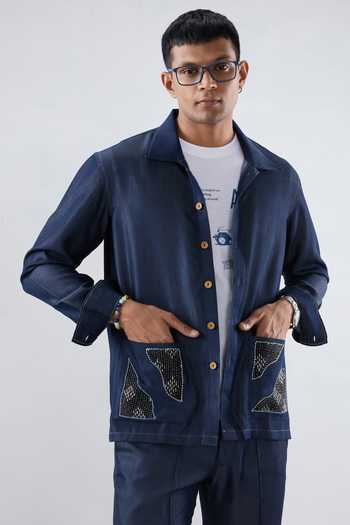 Raw & Rustic By Niti Bothra Dark Blue Denim Artisanal Kantha Patchwork Shacket