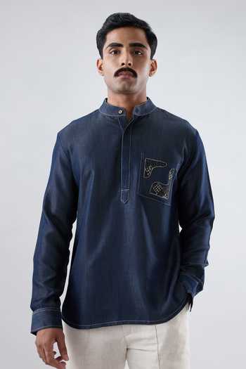 Raw & Rustic By Niti Bothra Dark Blue Denim Kantha Pocket Patchwork Kurta Shirt