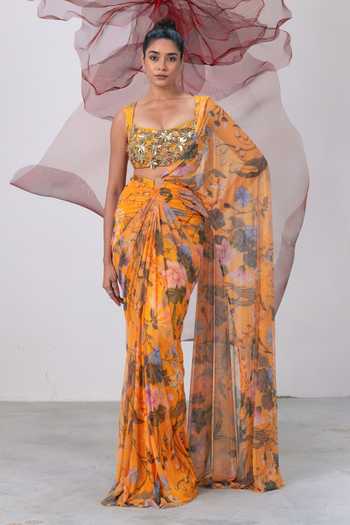 Vesture Adaa Floral Print Pre-Draped Saree With Blouse 