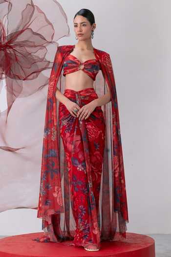 Vesture Bijli Floral Print Cape & Draped Skirt Set 