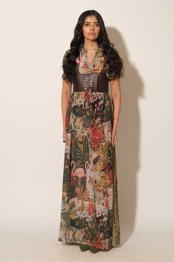 Esha L Amin Flamingo Print Maxi Dress 
