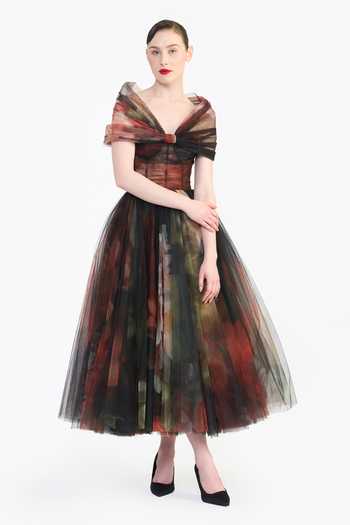 Gauri & Nainika Sculpted Printed Draped Dress 