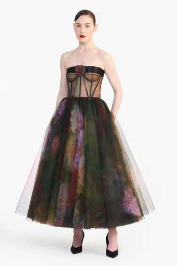 Gauri & Nainika Corseted Printed Tulle Dress 