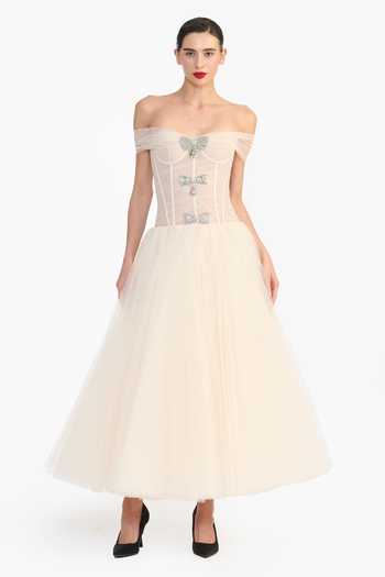 Gauri & Nainika Off Shoulder Embellished Dress 