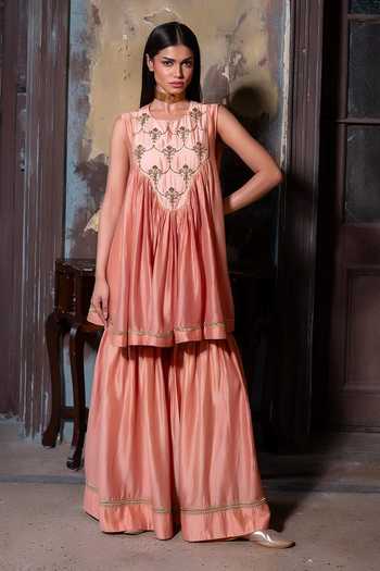 Shorshe Clothing Short Vani Chanderi Choga Kurta With Sharara