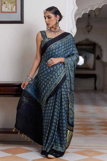 Geroo Jaipur Ajrakh Print Modal Silk Saree Set