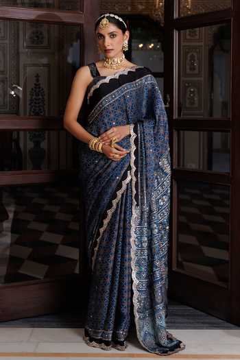 Geroo Jaipur Ajrakh Modal Silk Saree Set  