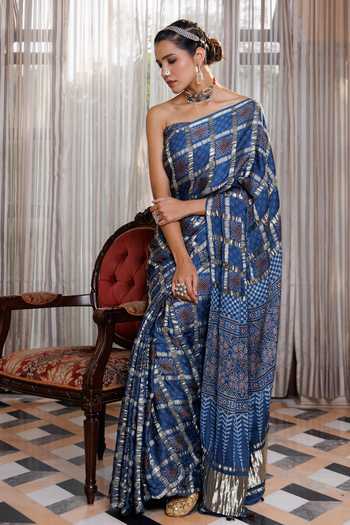 Geroo Jaipur Ajrakh Modal Silk Saree Set  