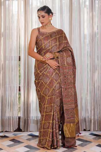 Geroo Jaipur Ajrakh Printed Modal Silk Saree Set 