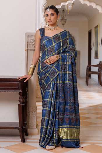 Geroo Jaipur Ajrakh Printed Modal Silk Saree Set 