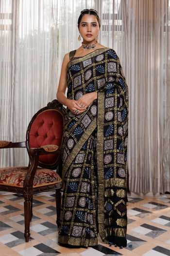 Geroo Jaipur Ajrakh Printed Modal Silk Saree Set 