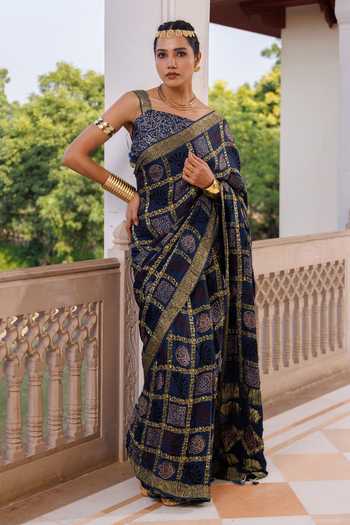 Geroo Jaipur Ajrakh Printed Modal Silk Saree & Blouse Set 