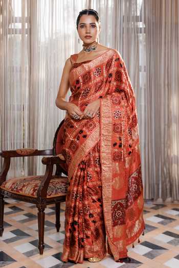 Geroo Jaipur Ajrakh Printed Modal Silk Saree Set  