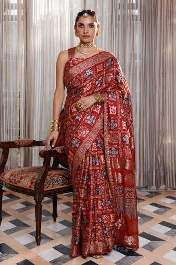 Geroo Jaipur Ajrakh Printed Modal Silk Saree Set 