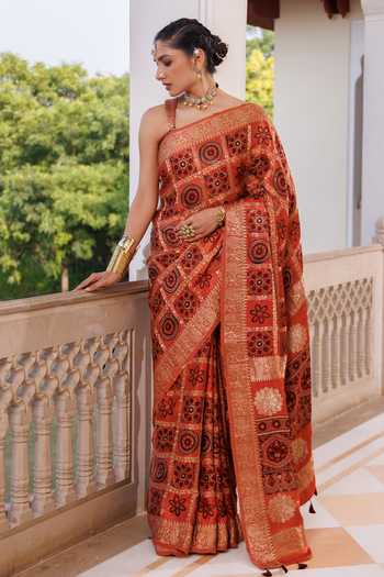 Geroo Jaipur Ajrakh Modal Silk Saree Set 